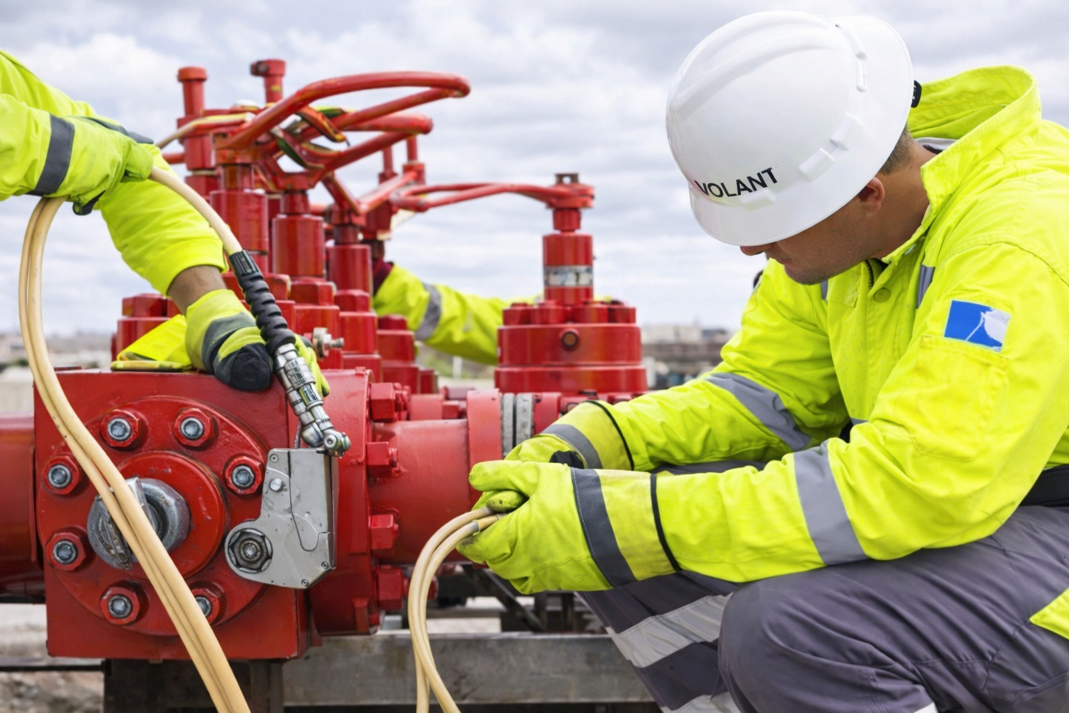 Field services crew performing rig up on a West Texas oilfield location
